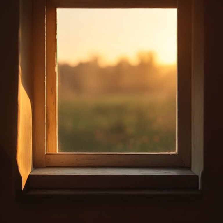 An open window at dusk with warm golden light and stillness